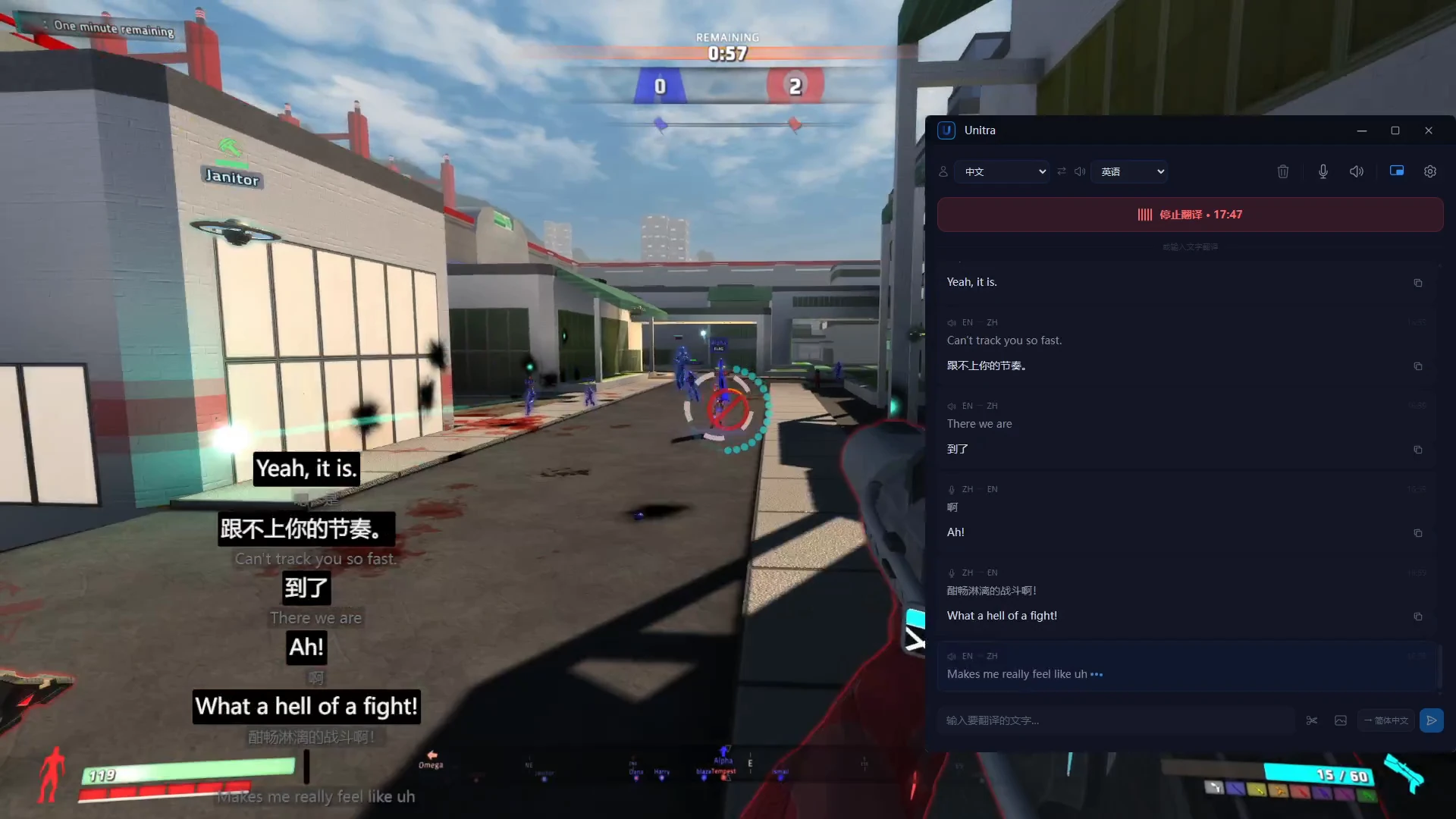 Full screen capture: Red Eclipse on the left with the Unitra AI overlay at the bottom left, the Unitra AI main window on the right