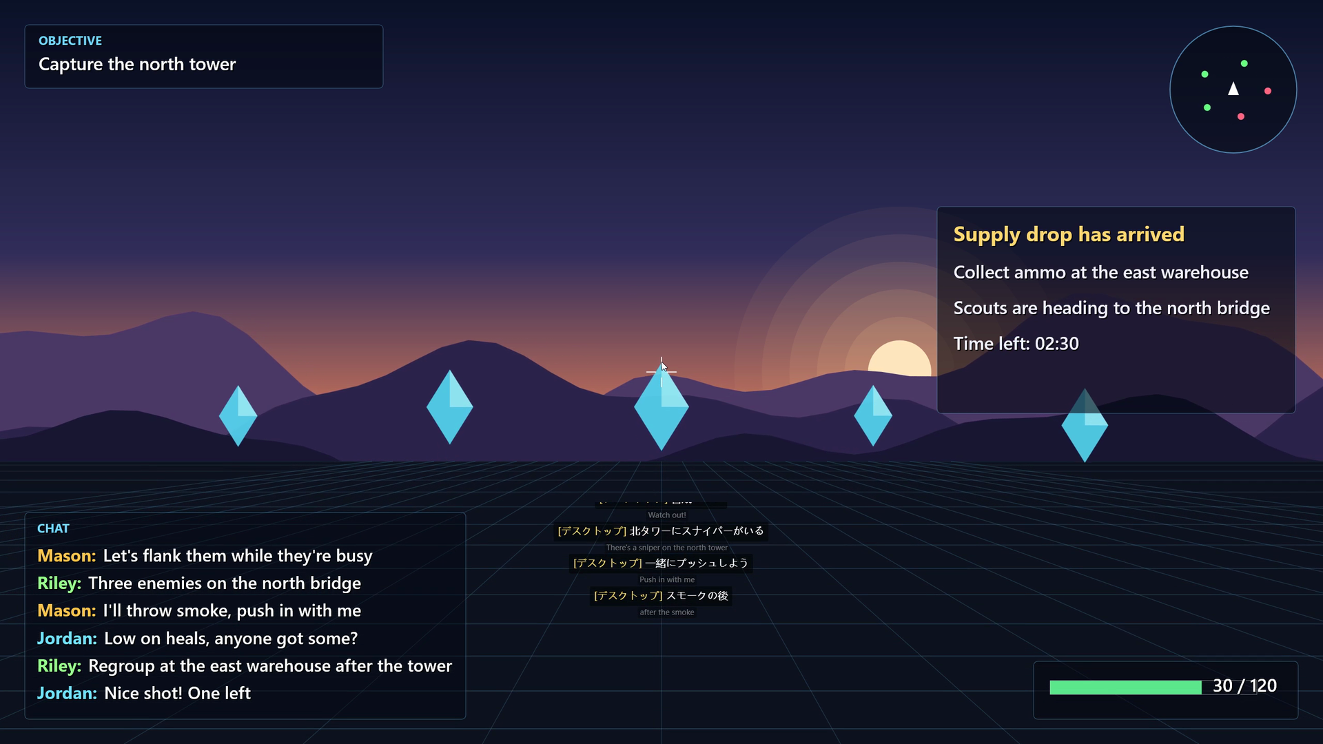全画面のゲームの画面下部に、Unitra ウィジェットの翻訳字幕が表示されている様子