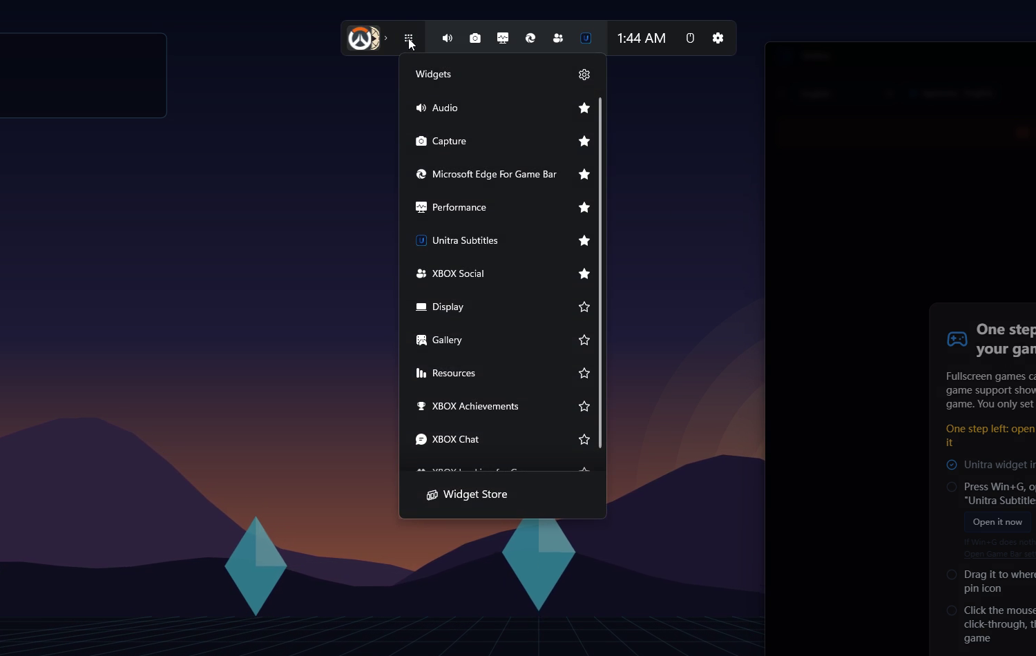 Xbox Game Bar open with the Widgets menu and Unitra Subtitles in the list