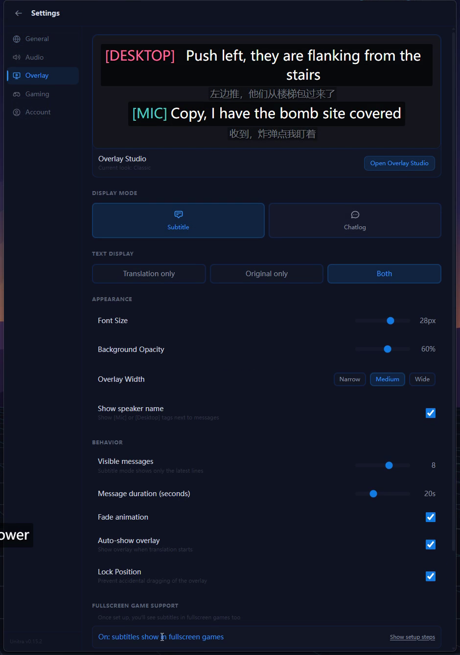 Settings, Overlay, Fullscreen game support showing the status On: subtitles show in fullscreen games