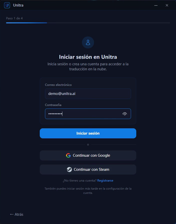 Pantalla de inicio de sesión con correo y contraseña, y los botones de Google y Steam