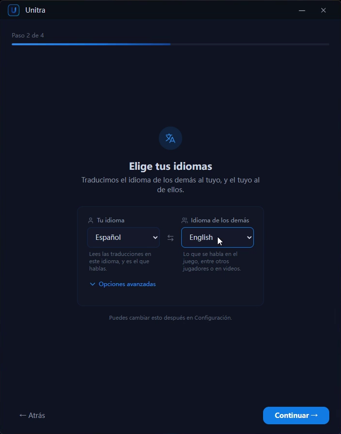 Configurar idiomas: Tu idioma a la izquierda, Idioma de los demás a la derecha