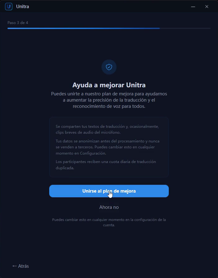 Ayuda a mejorar Unitra, con el botón para unirse y Ahora no debajo