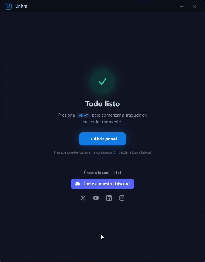 Todo listo, con el botón Abrir panel