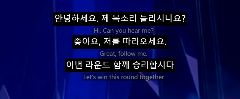오버레이 자막: 흰 글자가 번역, 그 아래가 원문