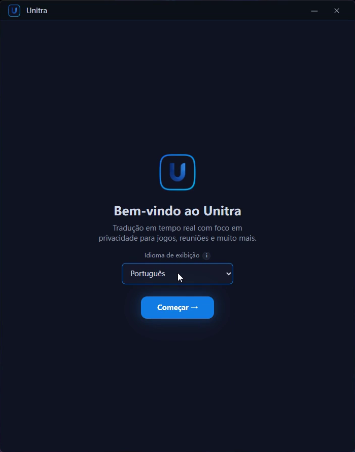 Tela de boas-vindas com o menu Idioma de exibição e o botão Começar