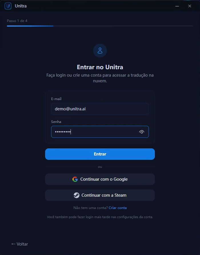 Tela de login com e-mail e senha, e os botões do Google e da Steam