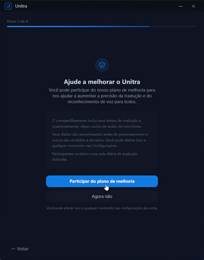 Ajude a melhorar o Unitra, com o botão de participar e Agora não logo abaixo