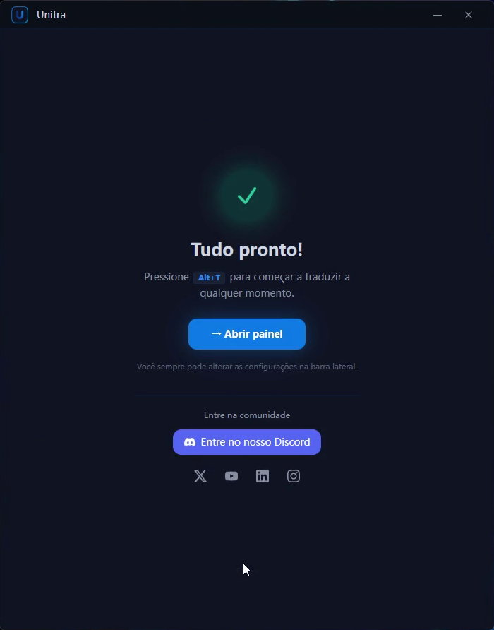 Tudo pronto, com o botão Abrir painel