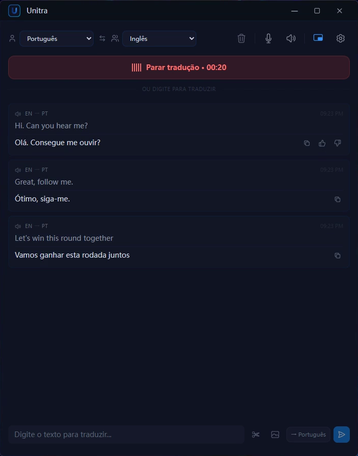 Janela principal listando cada frase com sua tradução