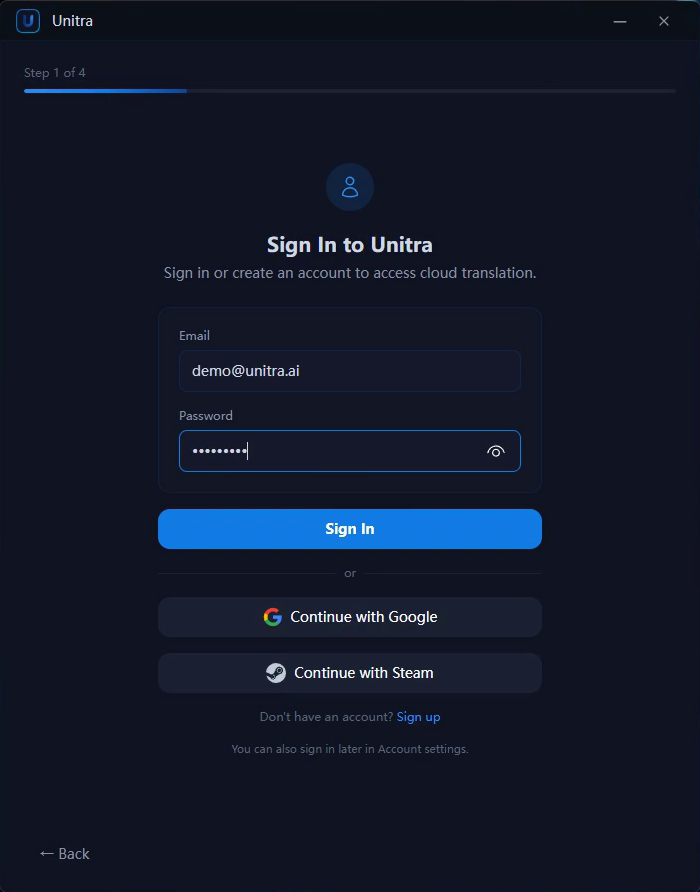 Sign in screen with email and password fields, and the Google and Steam buttons