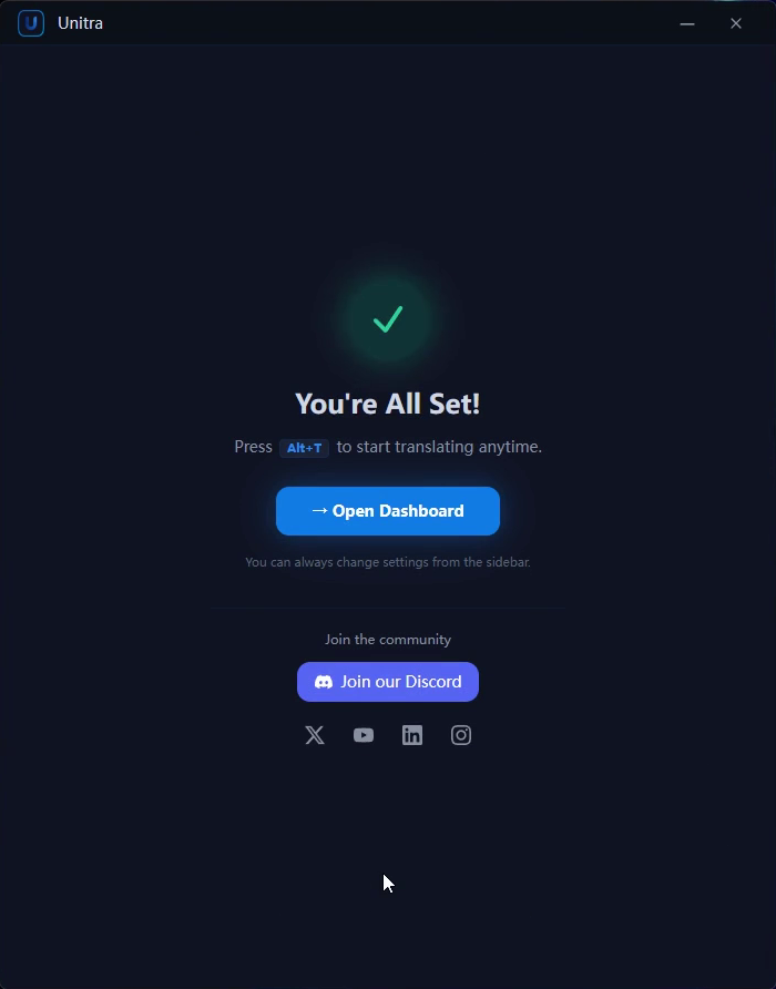 You're All Set, with the Open Dashboard button