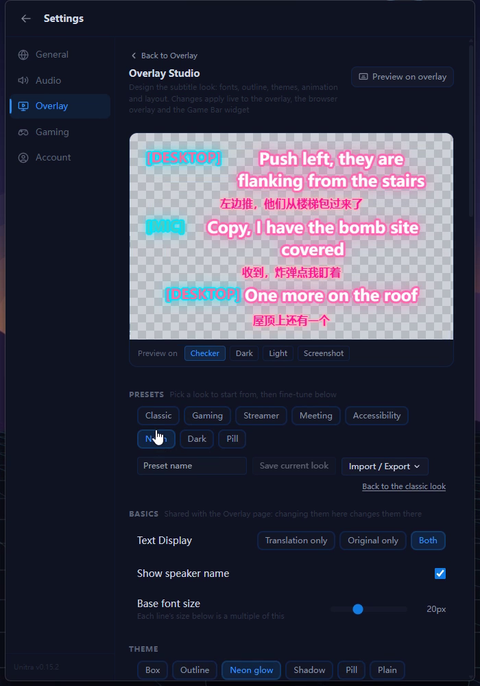 Overlay Studio with the live preview at the top and the eight presets below it