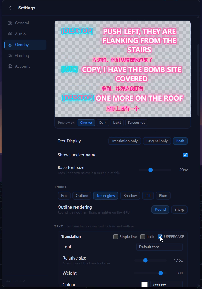 Theme and Text sections with the theme buttons and the per-line font, size, colour and outline controls