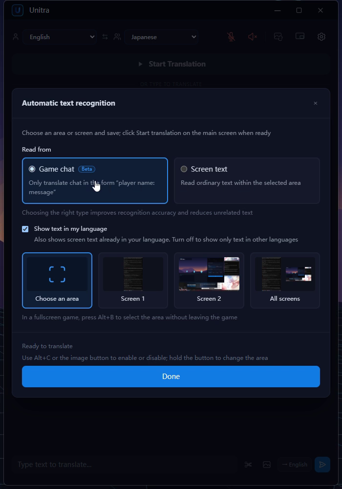 Recognition settings with the Read from choice between Game chat and Screen text