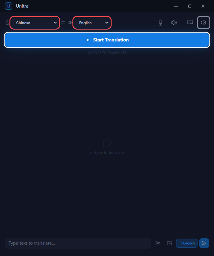 Unitra main window with the two language dropdowns and the Start Translation button highlighted