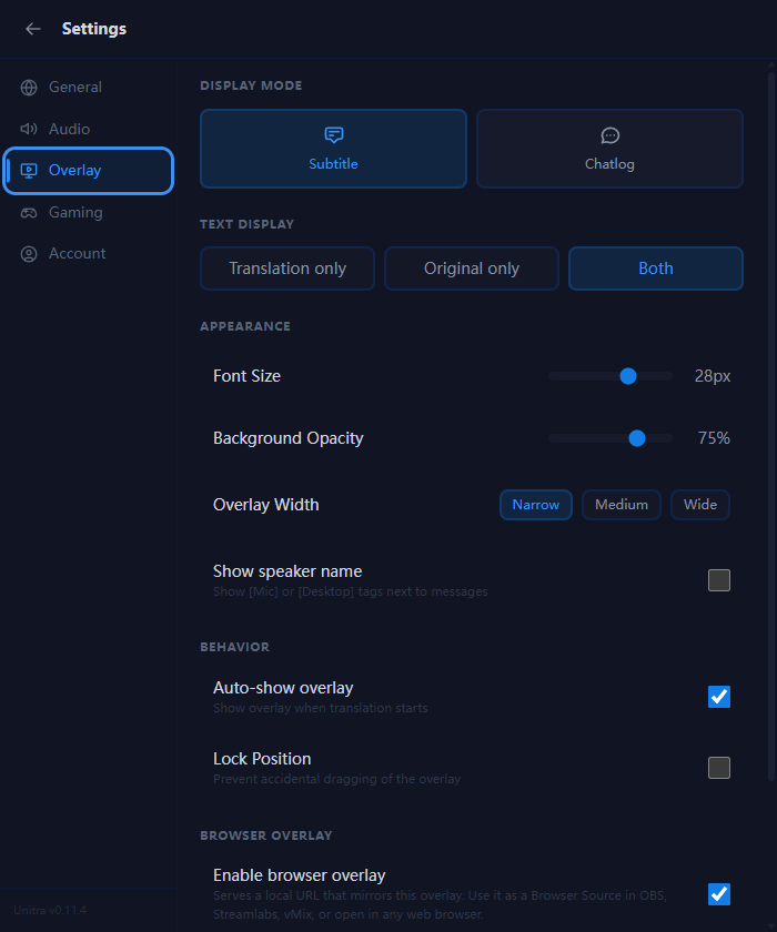 Settings, Overlay tab: display mode, text display, font size and opacity