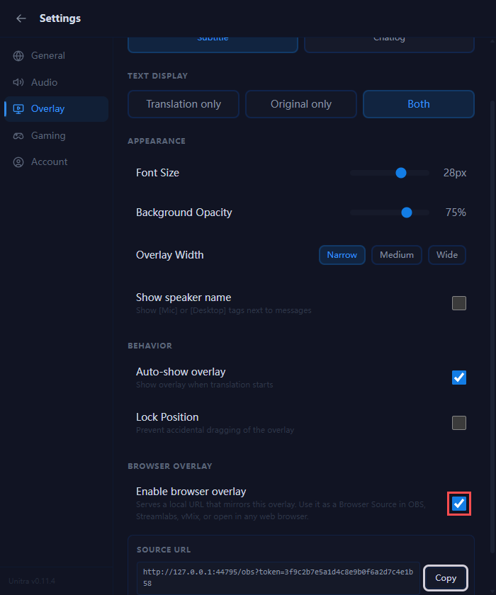 Browser Overlay section with the switch on and the Copy button next to the Source URL