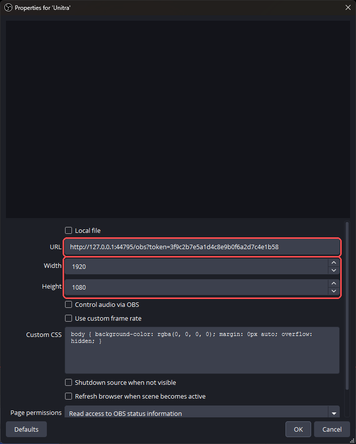Browser source properties with the Unitra URL pasted and width 1920, height 1080