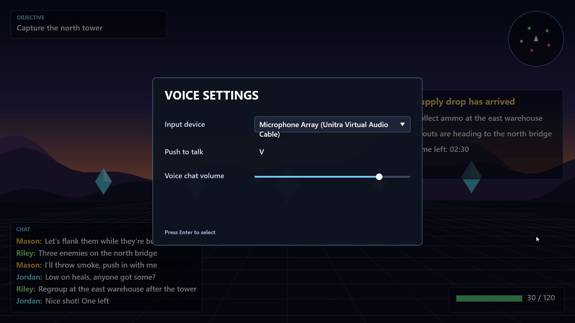 ゲームのボイス設定で、入力デバイスを Unitra Virtual Audio Cable のマイクに設定した画面
