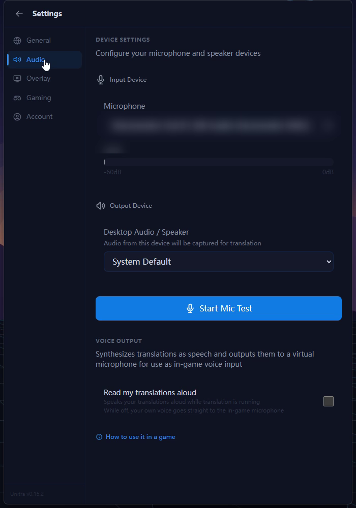 Unitra Settings with the Audio tab selected