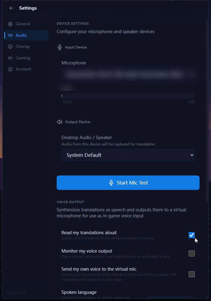 The Voice Output section with the Read my translations aloud switch turned on