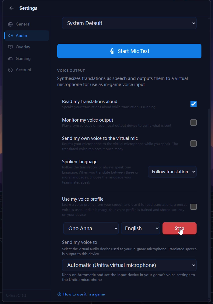 Preset voice selector and the Test voice button